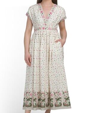 NWT-Max Studio Linen Blend Cream/Pink Smocked Waist Surplice Maxi Dress - Size L